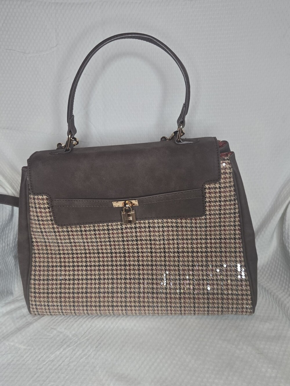 Women's Taupe and Houndstooth Top-Handle Satchel